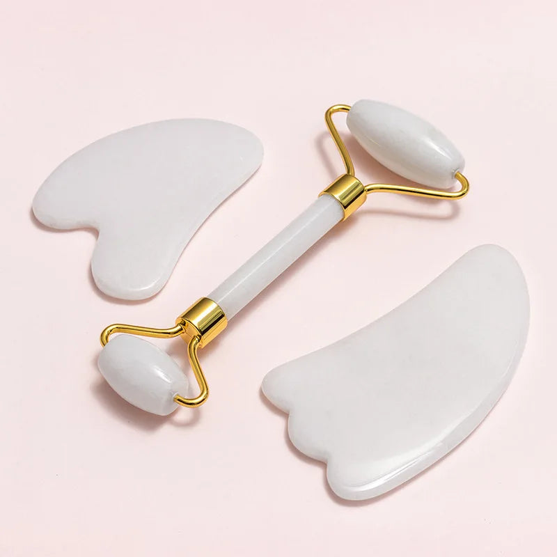 Natural White Jade Roller Gua Sha Set Gouache Stone Massager Face Lifting Gouache Scraper Anti-Wrinkle Skin Care Tool