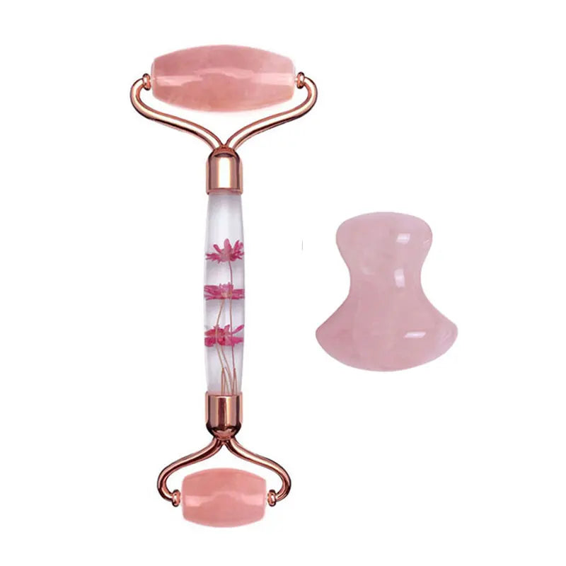 Rose Quartz Eternal Flower Jade Roller Gua Sha Set Gouache Scraper Face Massage Natural Stone Facial Roller Jade Massager