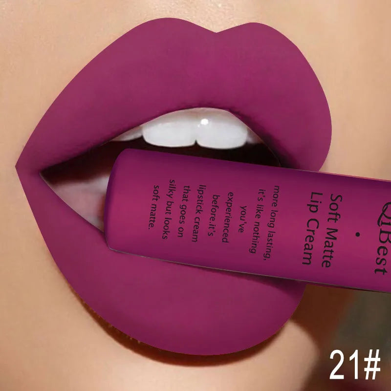 QIBEST Brand 34 Colors Waterproof Matte Nude Lipstick Lipkit Pigment Dark Red Black Long Lasting Lip Gloss Women Makeup Lipgloss