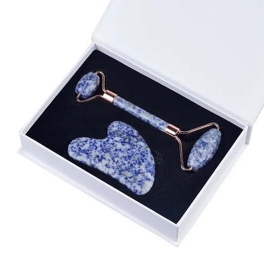 Natural Blue White Dot Jade Roller And Gua Sha Stone Set Facial Gouache Scraper Massager Lifting Anti-Wrinkle Skin Care