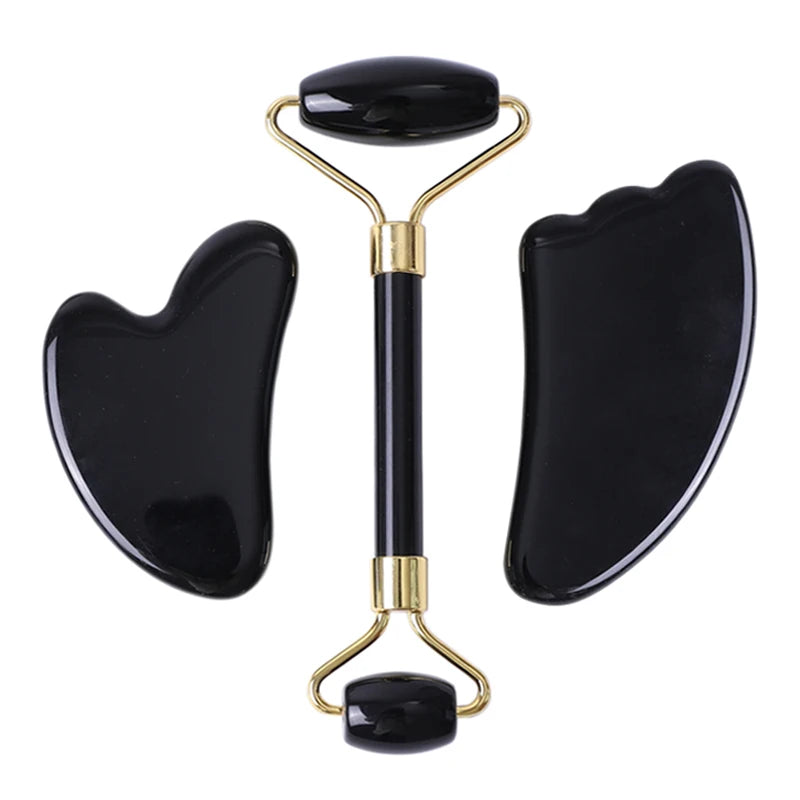 Obsidian Face Massage Roller Gouache Scraper Guasha Massage Tool Gouache Stone Facial Jade Roller Massager Face Scraper Set