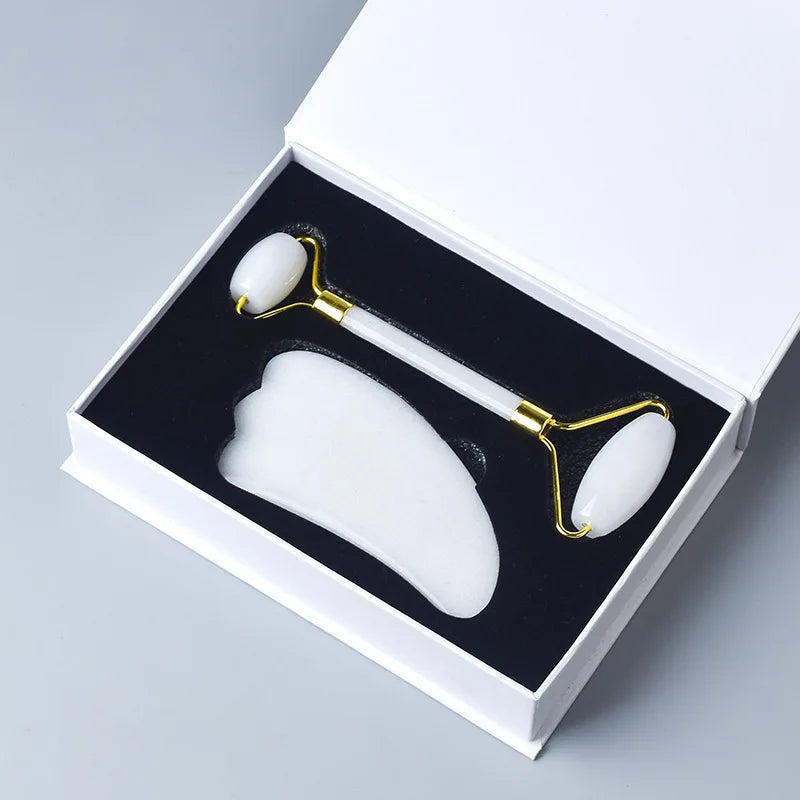 Natural White Jade Roller Gua Sha Set Gouache Stone Massager Face Lifting Gouache Scraper Anti-Wrinkle Skin Care Tool