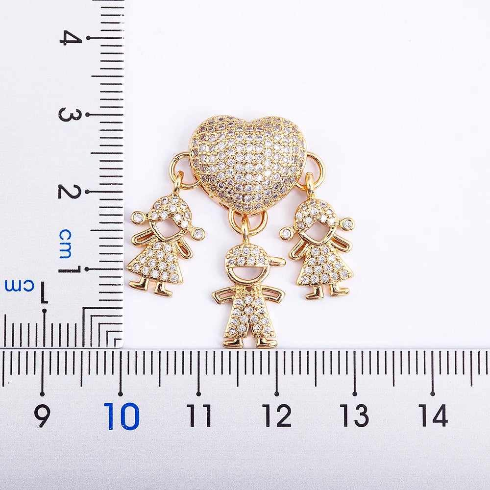 Nidin Hot Sale Son Daughter Heart Gold Plated Cubic Zirconia Family Girl Boy Pendant Necklace Chain Jewelry For Mother Gift