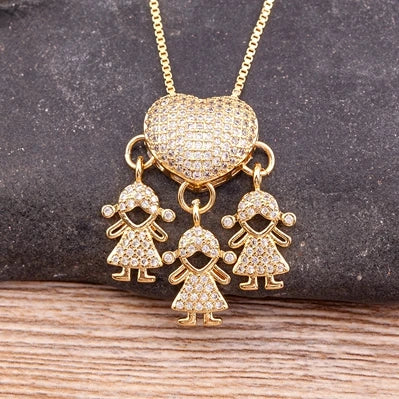Nidin Hot Sale Son Daughter Heart Gold Plated Cubic Zirconia Family Girl Boy Pendant Necklace Chain Jewelry For Mother Gift