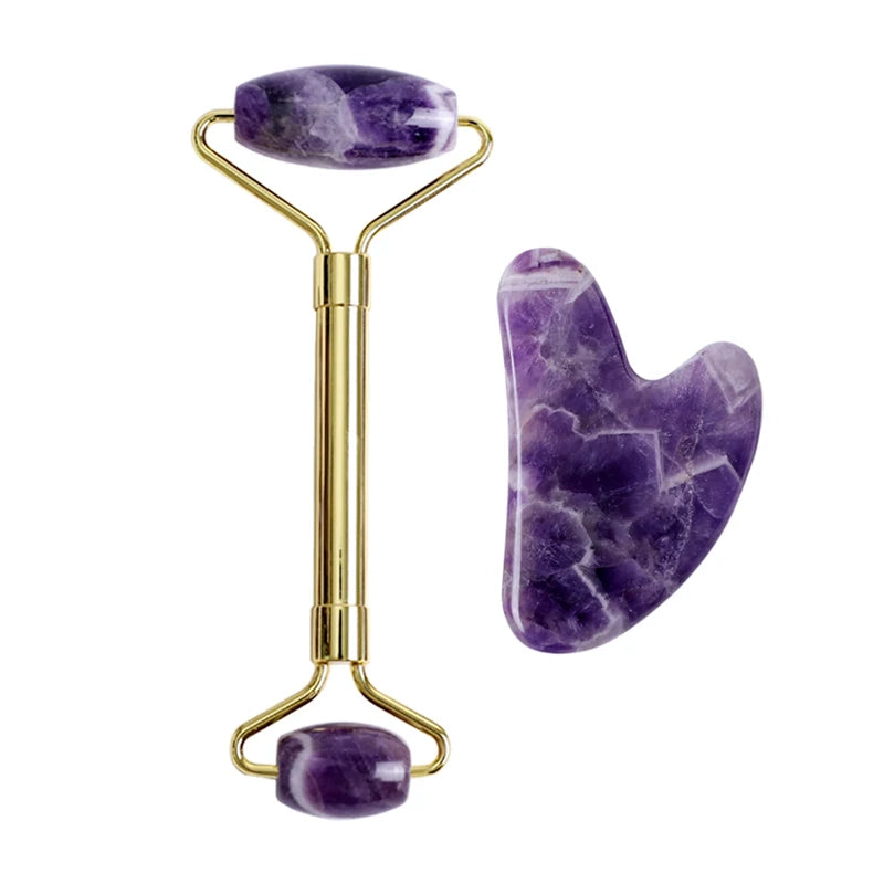 Gouache Amethyst Natural Stone Facial Massager Jade Roller Gua Sha Set SPA Acupuncture Scraping Crystal Gouache Scraper For Face