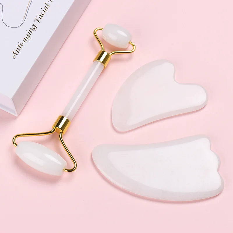 Natural White Jade Roller Gua Sha Set Gouache Stone Massager Face Lifting Gouache Scraper Anti-Wrinkle Skin Care Tool
