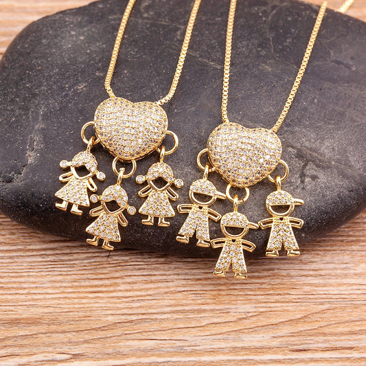 Nidin Hot Sale Son Daughter Heart Gold Plated Cubic Zirconia Family Girl Boy Pendant Necklace Chain Jewelry For Mother Gift