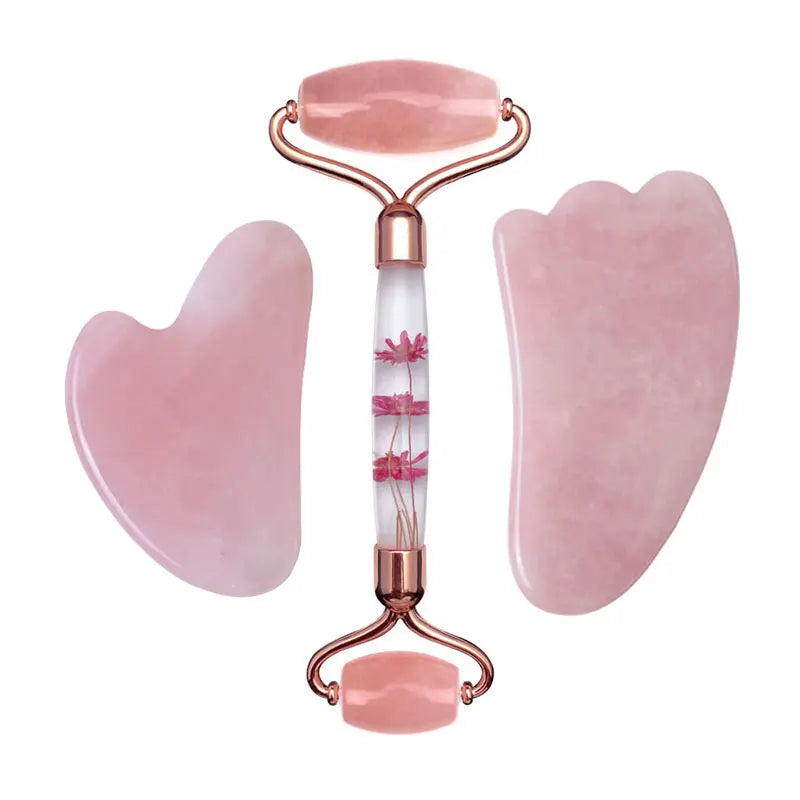 Rose Quartz Eternal Flower Jade Roller Gua Sha Set Gouache Scraper Face Massage Natural Stone Facial Roller Jade Massager