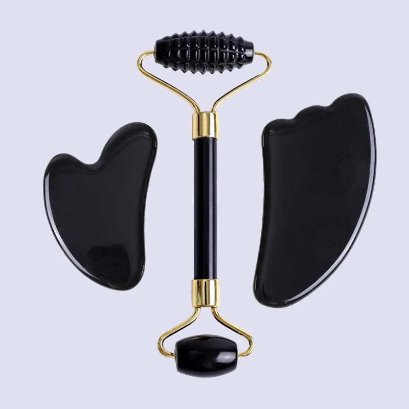 Obsidian Jade Face Massage Roller Gouache Scraper Natural Gouache Stone Facial Roller Massager Gua Sha Scraper Face Massage Tool