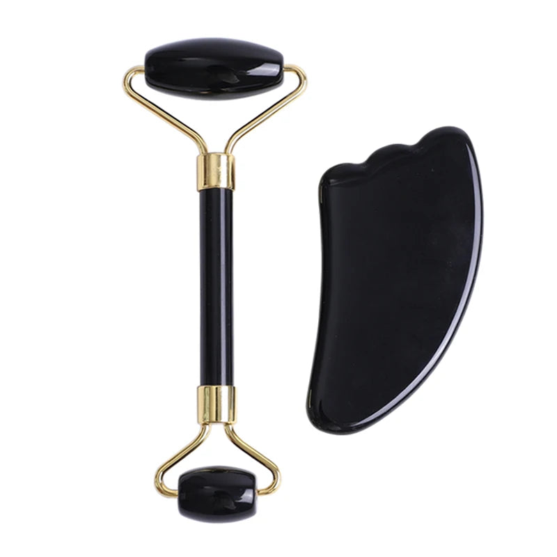 Obsidian Face Massage Roller Gouache Scraper Guasha Massage Tool Gouache Stone Facial Jade Roller Massager Face Scraper Set