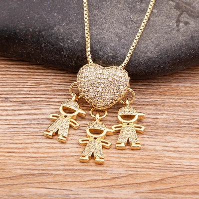 Nidin Hot Sale Son Daughter Heart Gold Plated Cubic Zirconia Family Girl Boy Pendant Necklace Chain Jewelry For Mother Gift