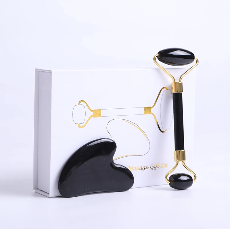 Obsidian Face Massage Roller Gouache Scraper Guasha Massage Tool Gouache Stone Facial Jade Roller Massager Face Scraper Set