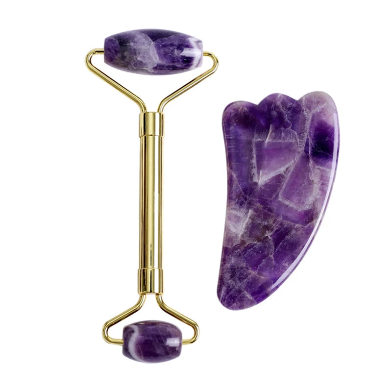 Natural Amethyst Jade Roller Gua Sha Face Massager Scraping Stone Facial Lifting Skin Care Massage Beauty Tools