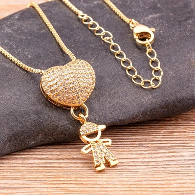 Nidin Hot Sale Son Daughter Heart Gold Plated Cubic Zirconia Family Girl Boy Pendant Necklace Chain Jewelry For Mother Gift