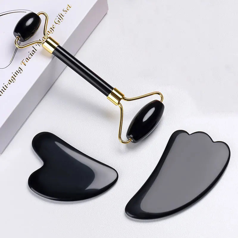 Obsidian Face Massage Roller Gouache Scraper Guasha Massage Tool Gouache Stone Facial Jade Roller Massager Face Scraper Set