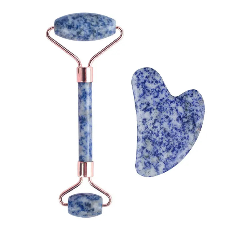 Natural Blue White Dot Jade Roller And Gua Sha Stone Set Facial Gouache Scraper Massager Lifting Anti-Wrinkle Skin Care