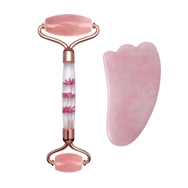 Rose Quartz Eternal Flower Jade Roller Gua Sha Set Gouache Scraper Face Massage Natural Stone Facial Roller Jade Massager