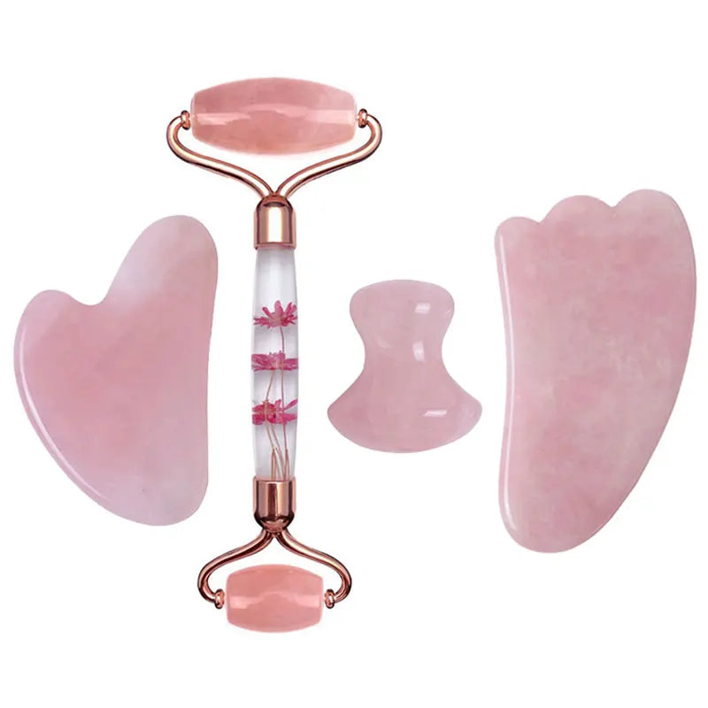 Rose Quartz Eternal Flower Jade Roller Gua Sha Set Gouache Scraper Face Massage Natural Stone Facial Roller Jade Massager
