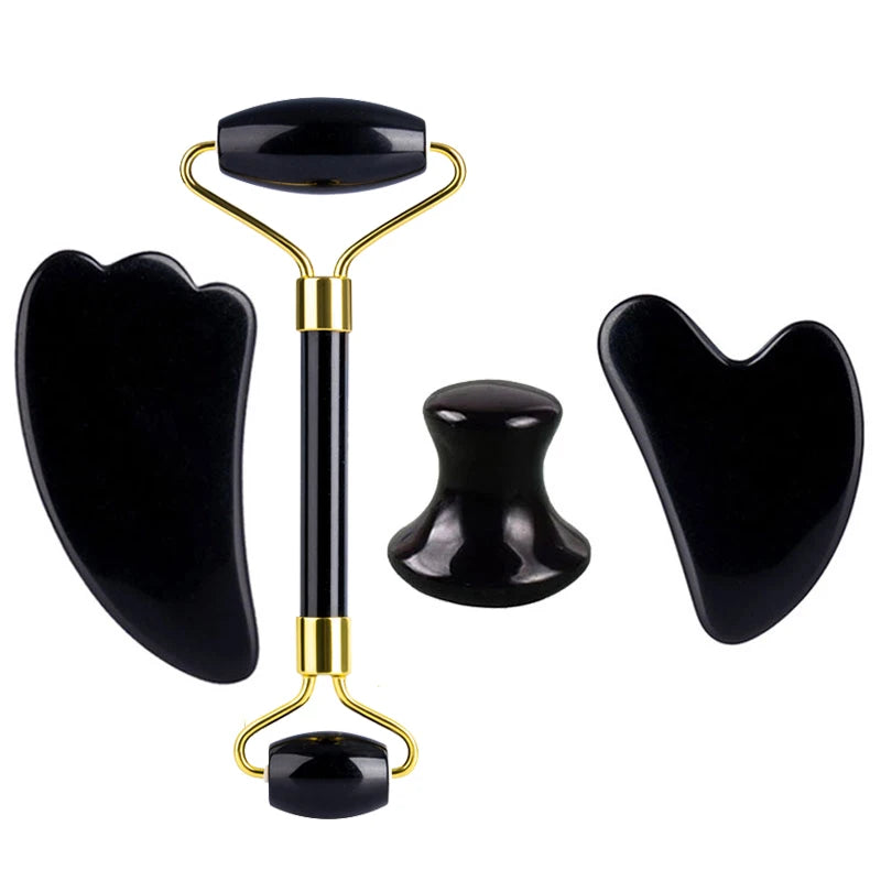 Obsidian Face Massage Roller Gouache Scraper Guasha Massage Tool Gouache Stone Facial Jade Roller Massager Face Scraper Set