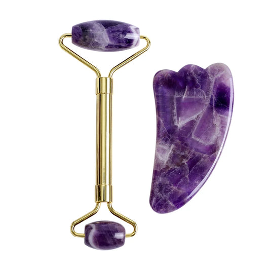 Gouache Amethyst Natural Stone Facial Massager Jade Roller Gua Sha Set SPA Acupuncture Scraping Crystal Gouache Scraper For Face