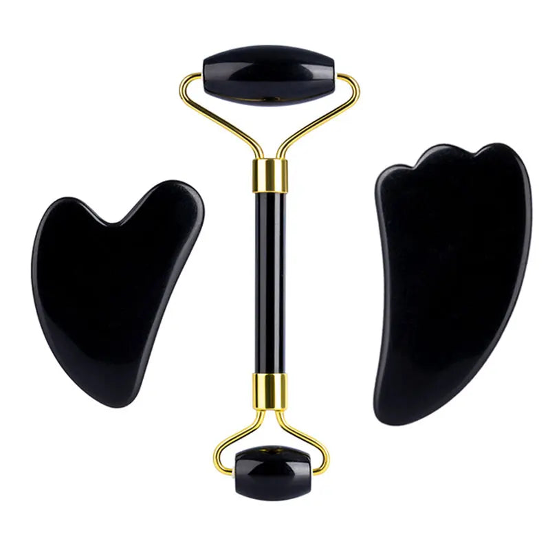 Obsidian Face Massage Roller Gouache Scraper Guasha Massage Tool Gouache Stone Facial Jade Roller Massager Face Scraper Set