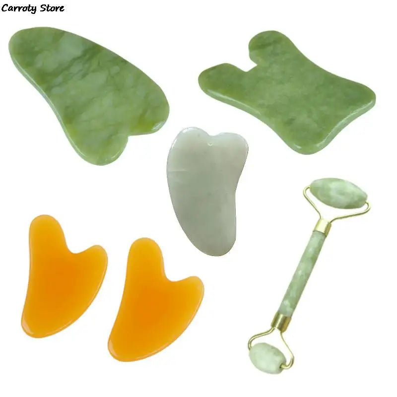 2 In 1 Green Roller And Gua Sha Tools Set By Natural Jade Scraper Massager With Stones For Face Neck Back And Jawline Hand Tools