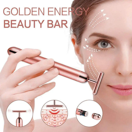 24K Gold Beauty Bar Face Massager Electric Vibrating Rose Quartz 3D Roller Face Lifting Body Facial 3D Gua Sha Jade Roller