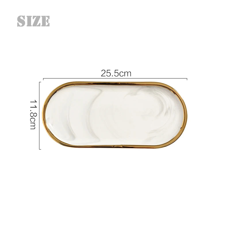 Nordic Marble Oval Disk with Gold Border, Ceramic Jewelry Storage, Display Tray, Living Room, Dining Table Decorations, Home Dec