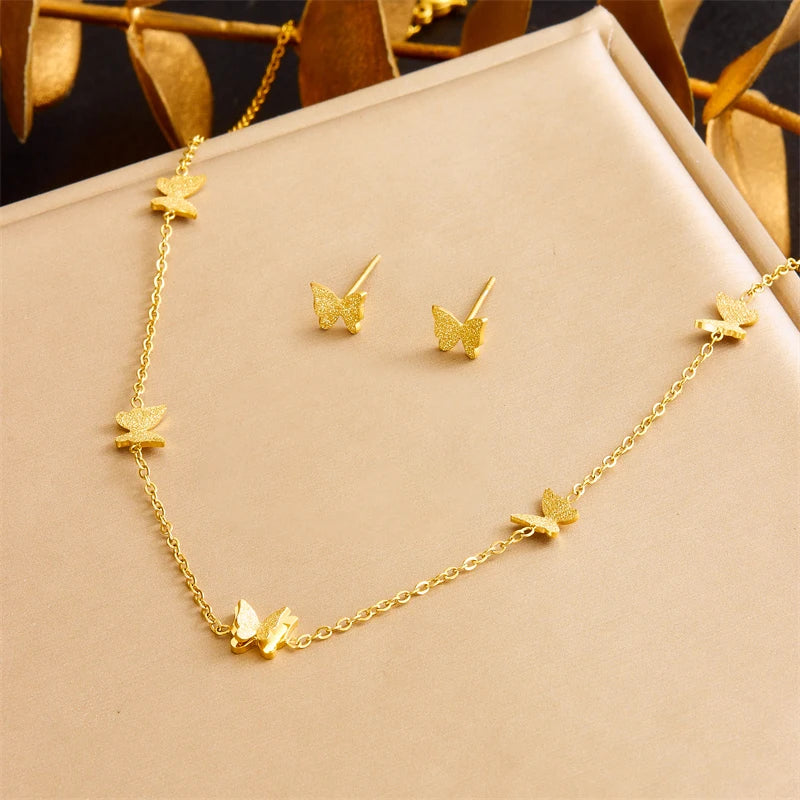 DIEYURO 316L Stainless Steel Pearl Butterfly Flower Golden Necklace Earrings For Womens 2024 New Party Gift Fashion Jewelry Set