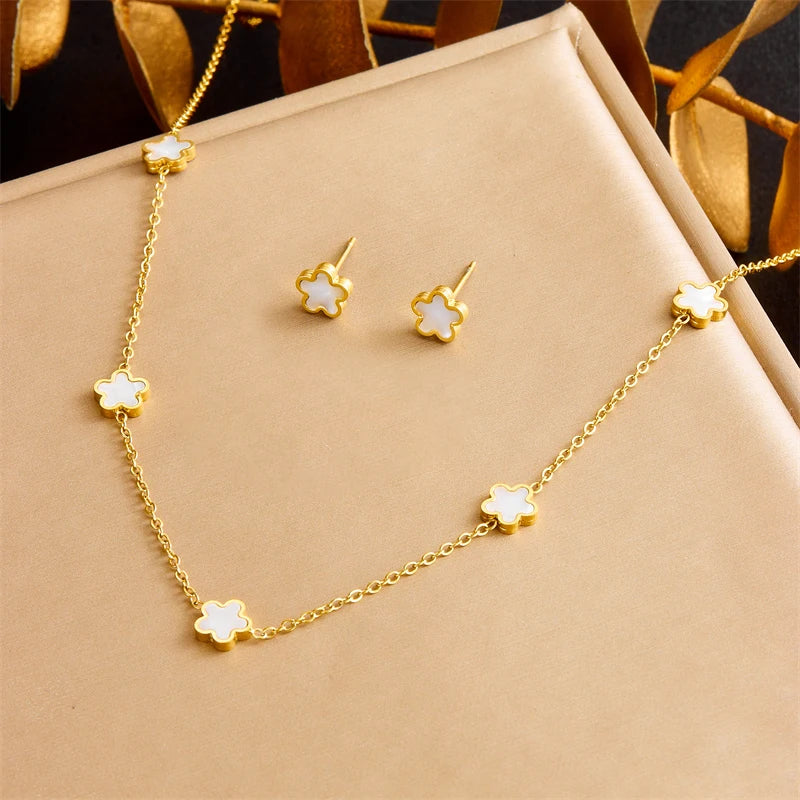 DIEYURO 316L Stainless Steel Pearl Butterfly Flower Golden Necklace Earrings For Womens 2024 New Party Gift Fashion Jewelry Set