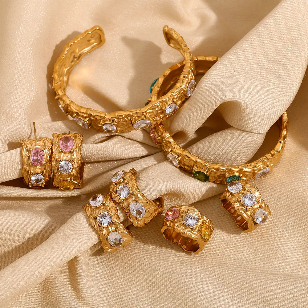 E.B.belle Cast  Irregular Colorful Rhinestone Bracelet Earring Ring Jewelry Set 18k Gold Plated Stainless Steel For Women Charm