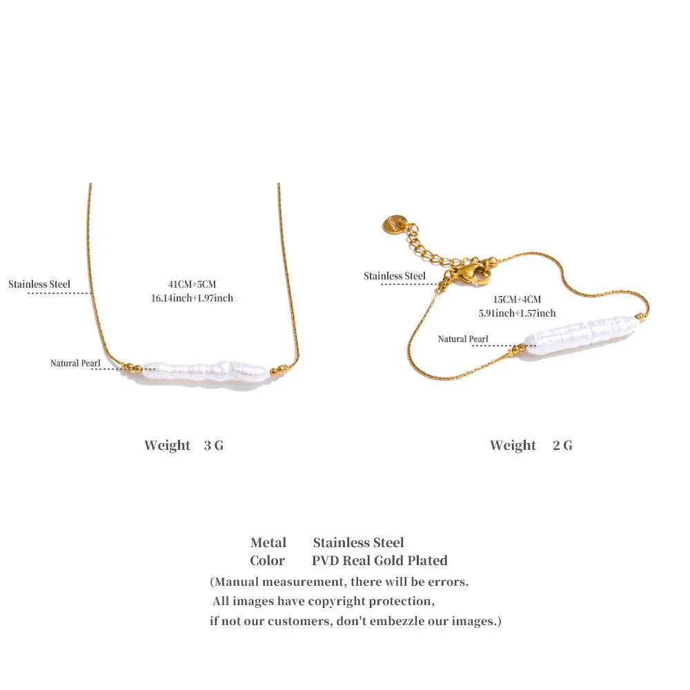Yhpup Stainless Steel Baroque Natural Freshwater Pearl Chain Pendant Necklace Bracelet Bangle Set Luxury Gift for Mother Jewelry