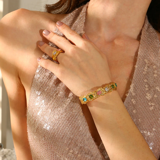 E.B.belle Cast  Irregular Colorful Rhinestone Bracelet Earring Ring Jewelry Set 18k Gold Plated Stainless Steel For Women Charm