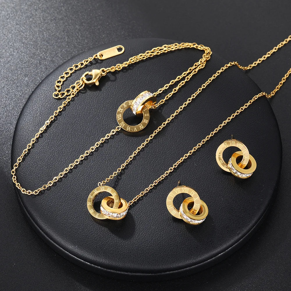 Yupsk 4Pcs/Set Stainless Steel Circles Roman Numbers Necklace Bracelet Earrings for Women Simple Versatile Daily Jewelry