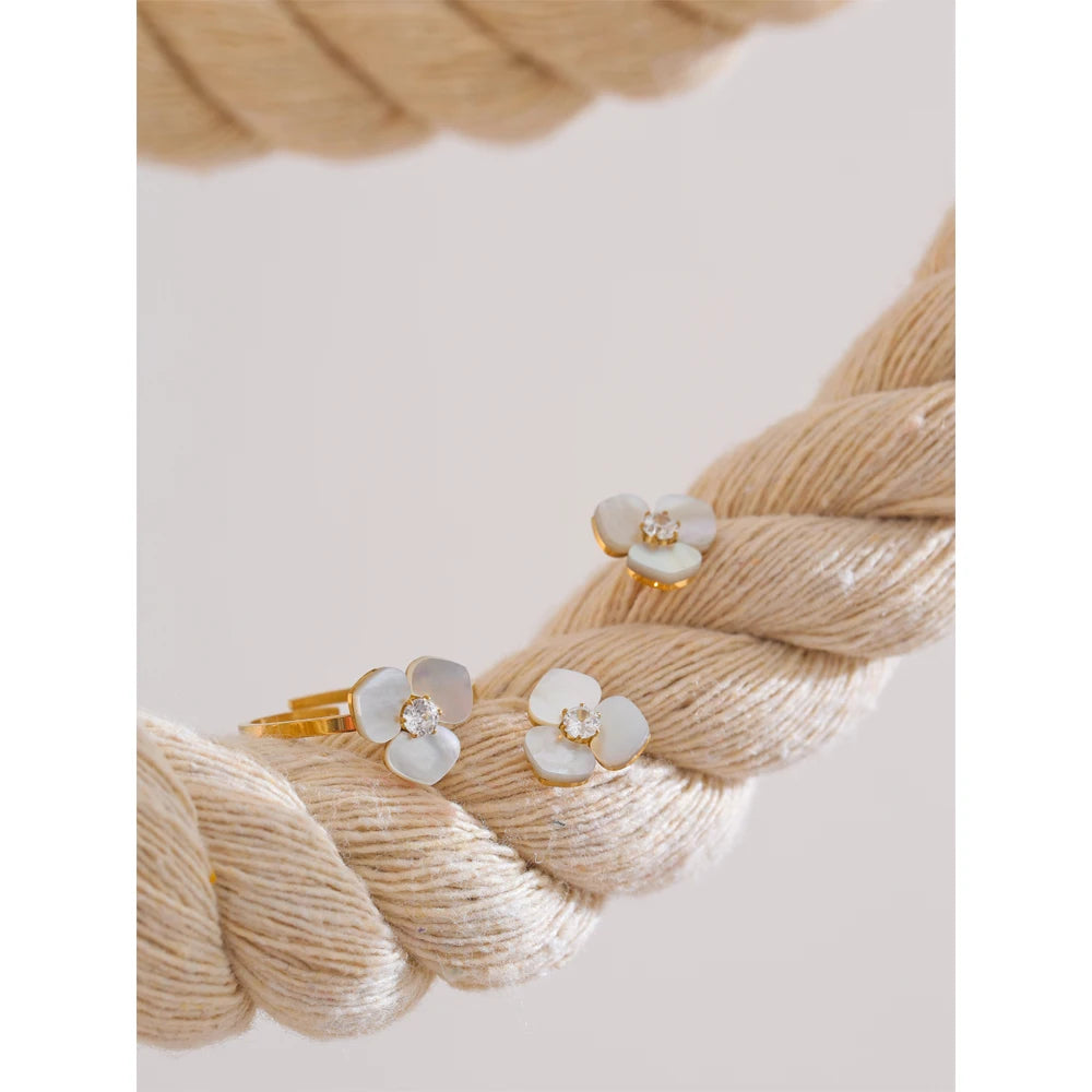 Yhpup Waterproof Exclusive Natural Shell Flower Golden Necklace Earrings Ring Bracelet Set Stainless Steel Sweet Fairy Jewelry