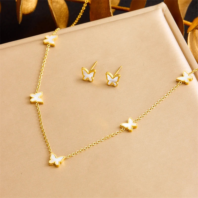 DIEYURO 316L Stainless Steel Pearl Butterfly Flower Golden Necklace Earrings For Womens 2024 New Party Gift Fashion Jewelry Set