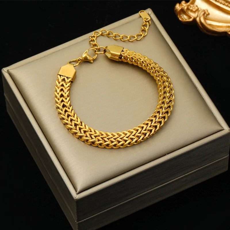 EILIECK 316L Stainless Steel Gold Color Thick Chain Choker Necklace Bracelet for Women Fashion Waterproof Jewelry Set Gift Party