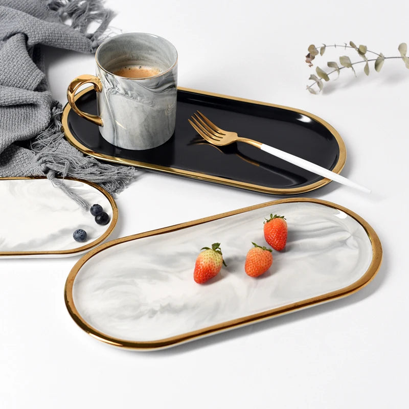 Nordic Marble Oval Disk with Gold Border, Ceramic Jewelry Storage, Display Tray, Living Room, Dining Table Decorations, Home Dec