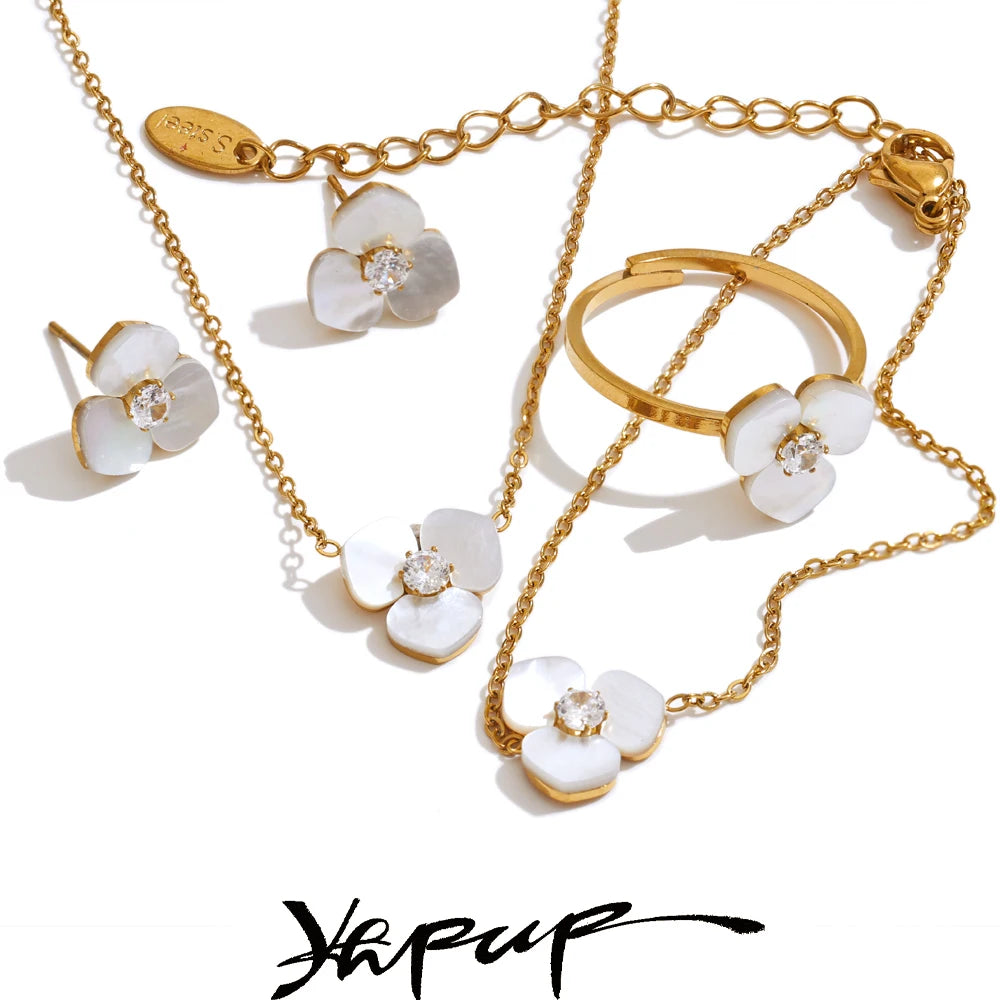 Yhpup Waterproof Exclusive Natural Shell Flower Golden Necklace Earrings Ring Bracelet Set Stainless Steel Sweet Fairy Jewelry