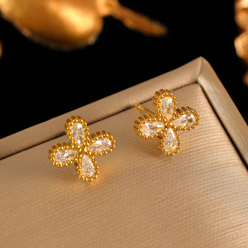 EILIECK 316L Stainless Steel Flower Petal Zircon Necklace Earrings Bracelet Set For Women Fashion Waterproof Jewelry Party Gift