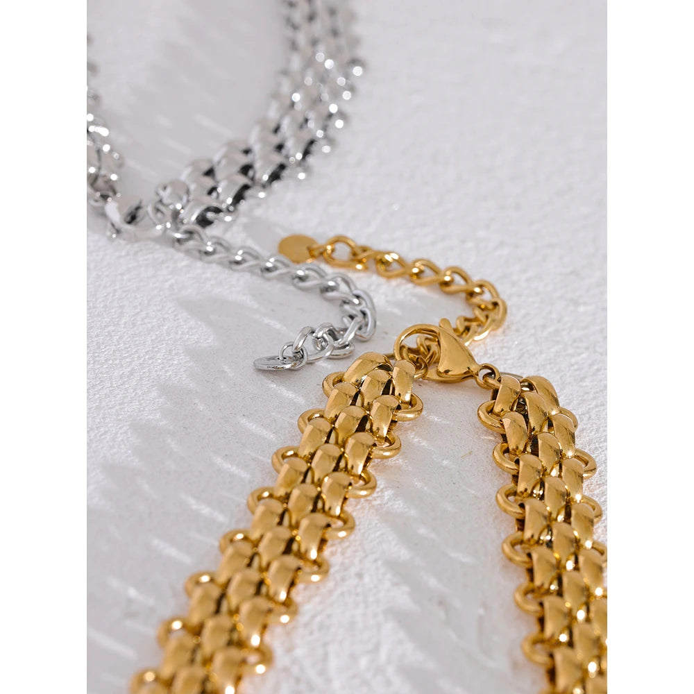 Yhpup Waterproof 18K Gold Plated Stainless Steel Metal Cuban Chain Statement Necklace Bracelet Set Charm Fashion Jewelry Women
