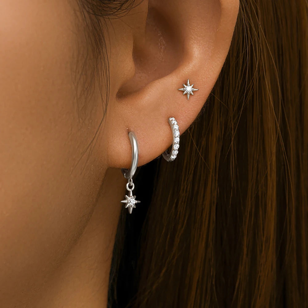 3 Piece Fashion Stainless Steel Round Star Drop Earrings Set for Women 18K Gold Plated Dangle Earring Punk Unisex Rock  Jewelry