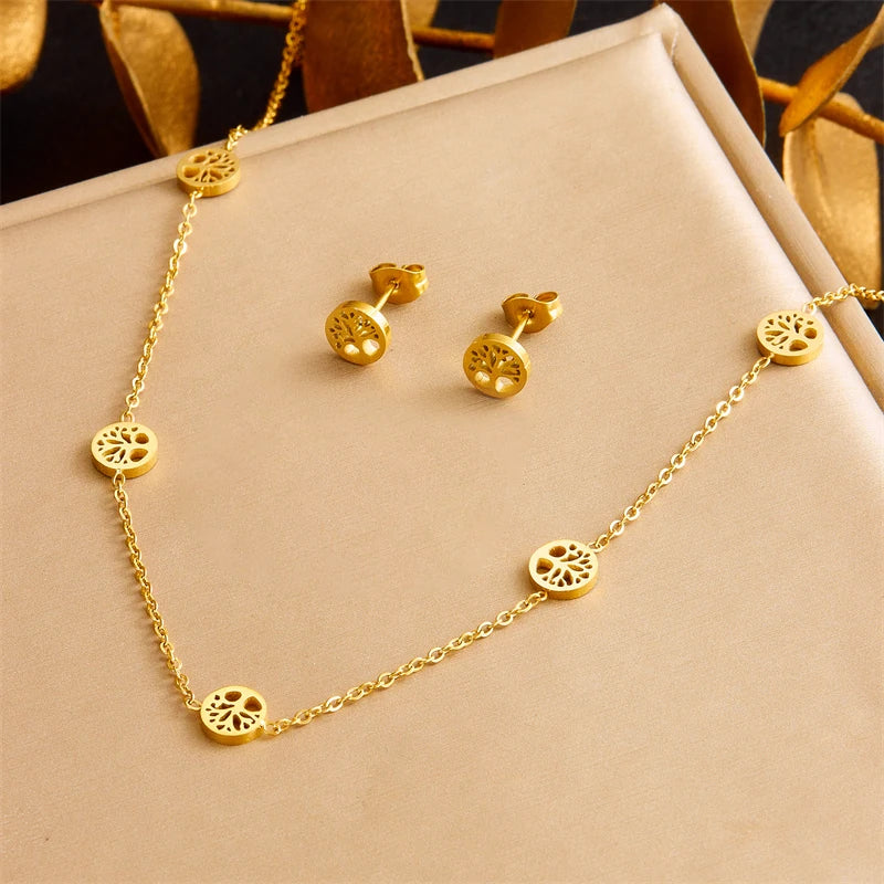 DIEYURO 316L Stainless Steel Pearl Butterfly Flower Golden Necklace Earrings For Womens 2024 New Party Gift Fashion Jewelry Set