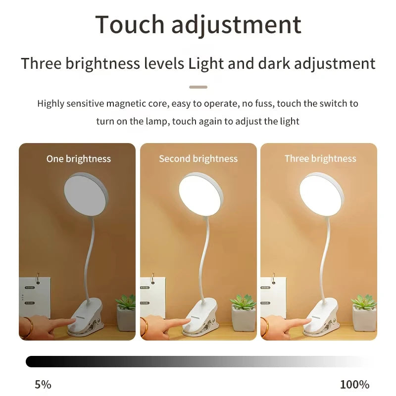 Portable USB Table Lamp Desk Lamp Plug-in/Rechargeable Clip Bed Reading Night Light LED Touch 3 Modes Dimming Eye Protection