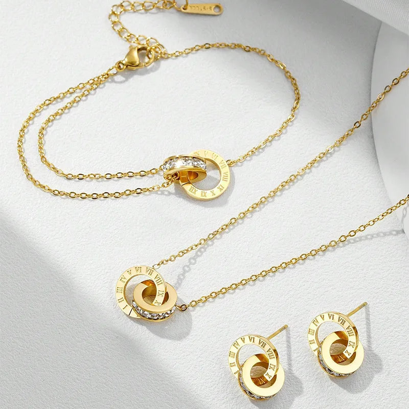 Yupsk 4Pcs/Set Stainless Steel Circles Roman Numbers Necklace Bracelet Earrings for Women Simple Versatile Daily Jewelry