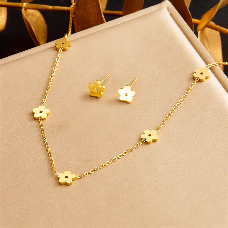 DIEYURO 316L Stainless Steel Pearl Butterfly Flower Golden Necklace Earrings For Womens 2024 New Party Gift Fashion Jewelry Set