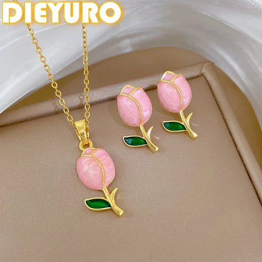 DIEYURO 316L Stainless Steel Pink Dripping Oil Tulip Flower Pendant Necklace Earrings Set Lady New Classic Jewelry Glamorous