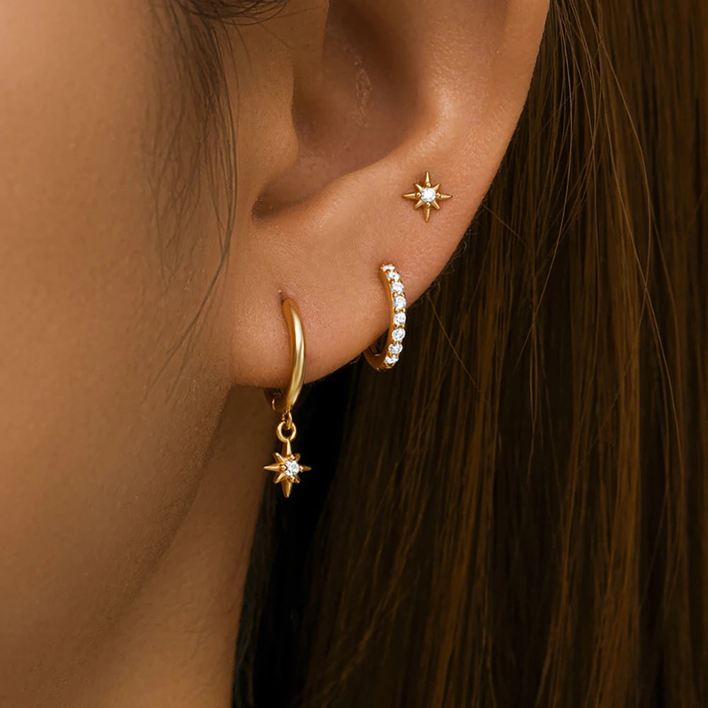 3 Piece Fashion Stainless Steel Round Star Drop Earrings Set for Women 18K Gold Plated Dangle Earring Punk Unisex Rock  Jewelry