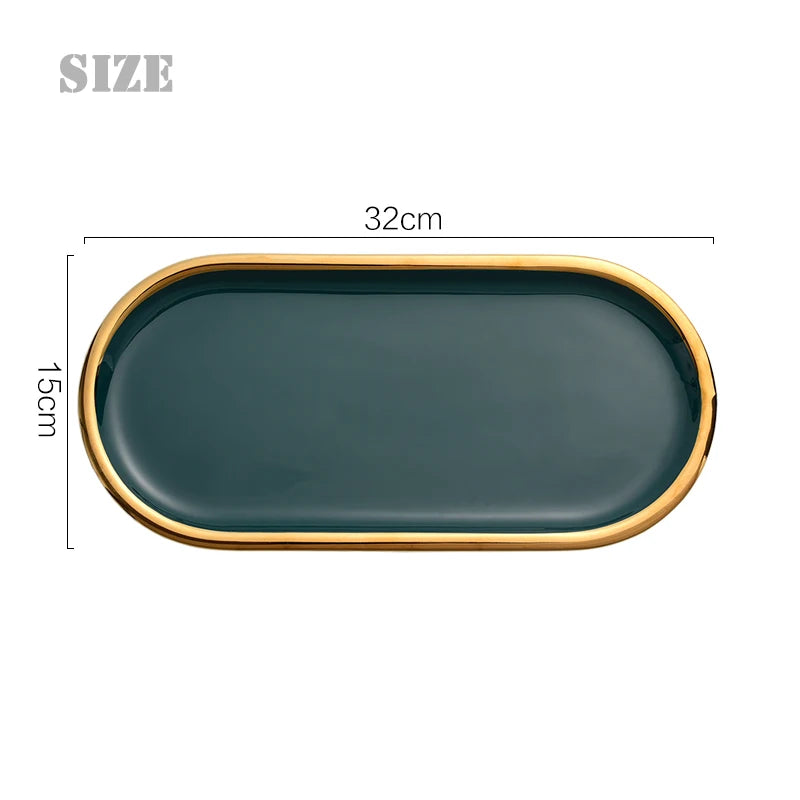 Nordic Marble Oval Disk with Gold Border, Ceramic Jewelry Storage, Display Tray, Living Room, Dining Table Decorations, Home Dec