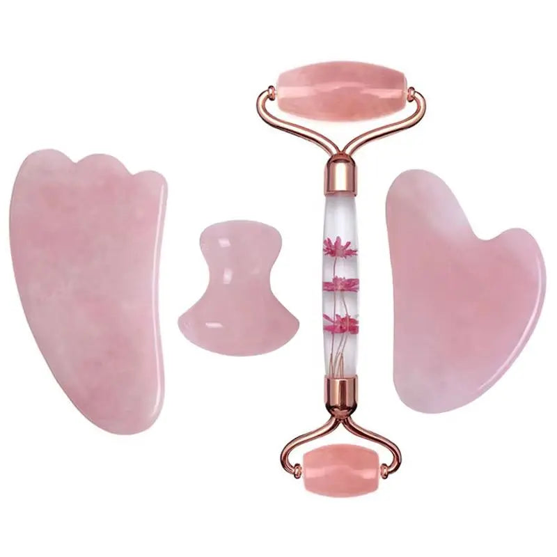 Rose Quartz Eternal Flower Jade Roller Gua Sha Set Gouache Scraper Face Massage Natural Stone Facial Roller Jade Massager